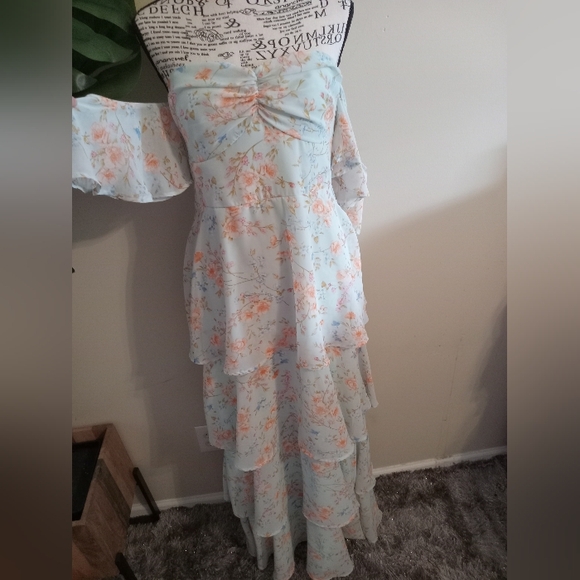 Lulus Charming Passion Mint Green Floral Off-the-Shoulder Maxi Dress Size M - Picture 4 of 10